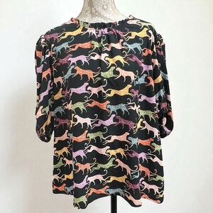 Michelle McDowell Blouse XXL Black Leaping Leopard Print Puff Sleeve Top